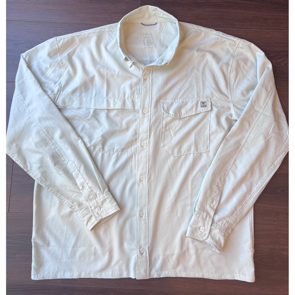 Huk Mens Large Long Sleeve Fishing Shirt Vented Button Up Tan Outdoor